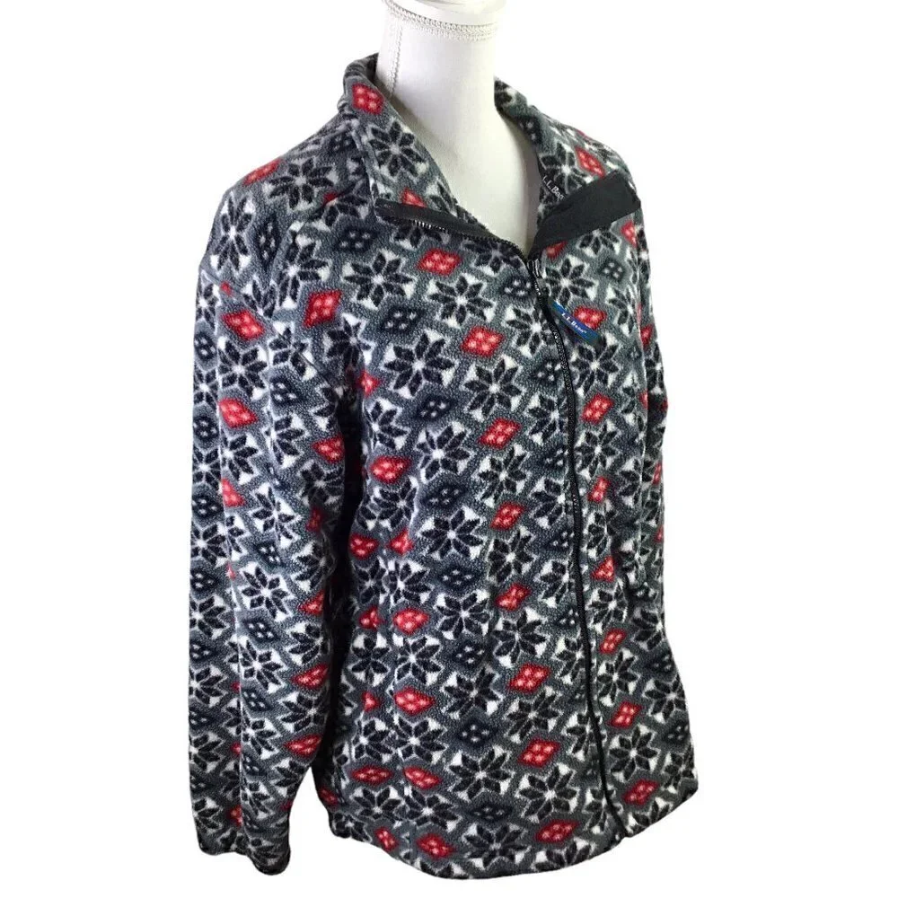 L.L. Bean Fleece Jacket Coat Full Zip Snowflake Adj Waist Pockets Black Red